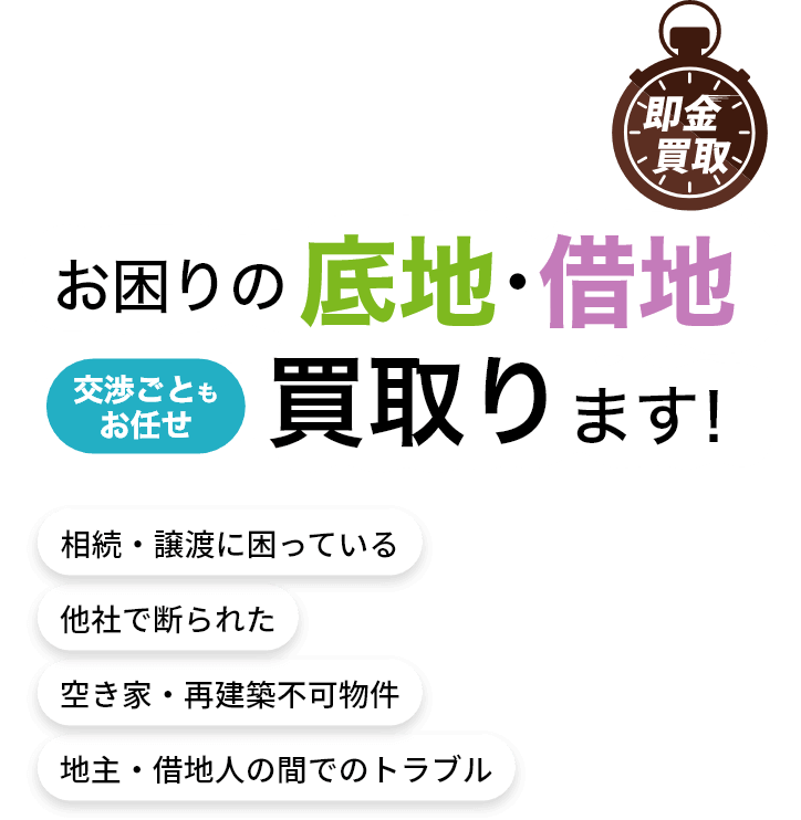 お困りの底地・借地交渉ごともお任せ買取ります！ 相続・譲渡に困っている 他社で断られた 空き家・再建築不可物件 地主・借地人の間でのトラブル